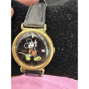 Pulsar Mickey Mouse Watch V827 Womens 26mm Case Date Black Leather Quartz Vtg